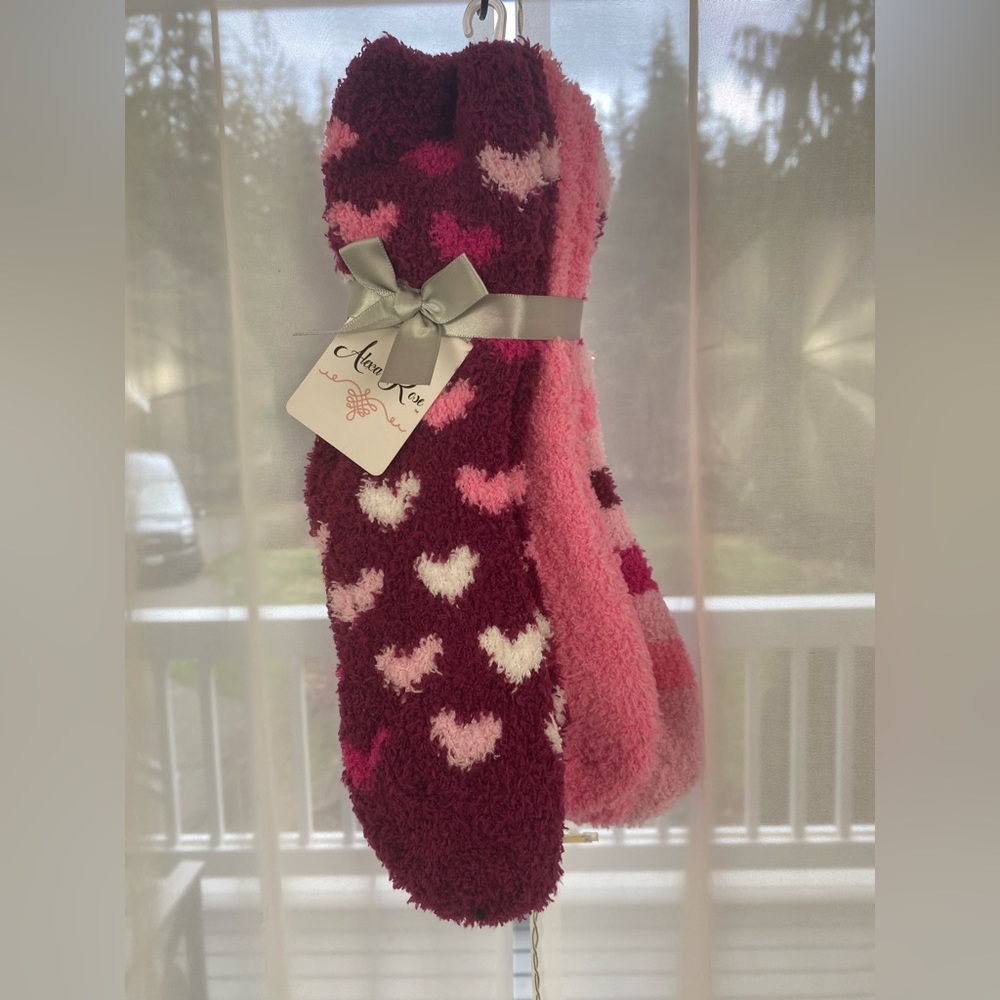 Alexa Rose Pink Heart and Red Stripe Fuzzy Socks